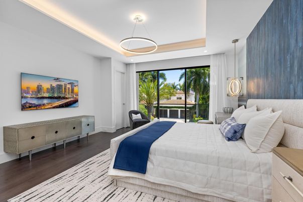 Bedroom, Interior, Pendant Lights, Recessed Lighting, Wood Texture Flooring