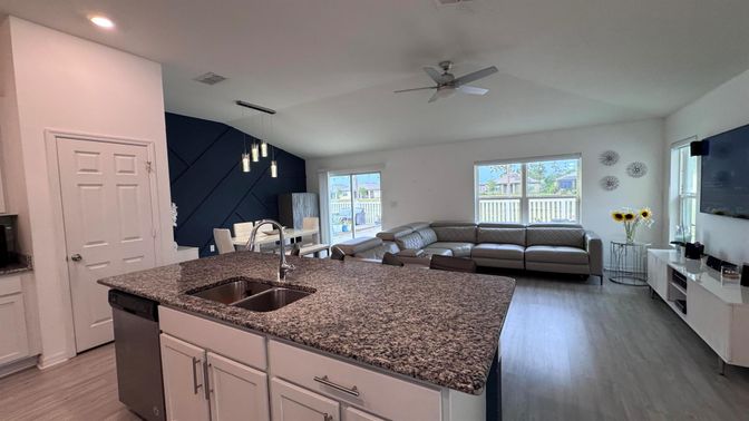 Interior, Kitchen, Living room, Pendant Lights, Recessed Lighting, Wood Texture Flooring