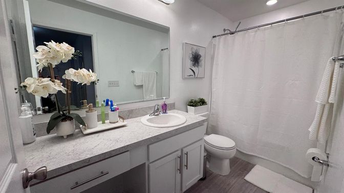 Bathroom, Dual Sink Vanities, Interior, Recessed Lighting, Wood Texture Flooring