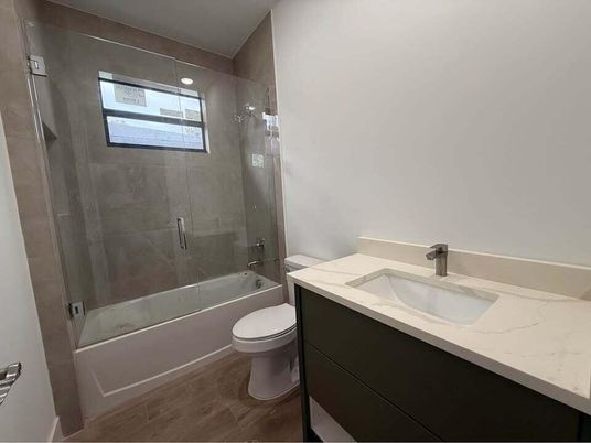 Bathroom, Glass Shower, Interior, Wood Texture Flooring