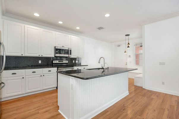 Interior, Kitchen, Pendant Lights, Recessed Lighting, Wood Texture Flooring