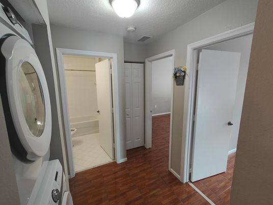 Bathroom, Interior, Washer, Wood Texture Flooring