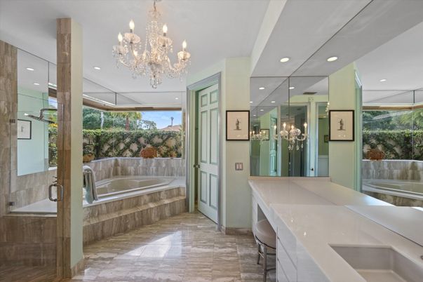 Bathroom, Chandelier, Interior, Marble, Recessed Lighting