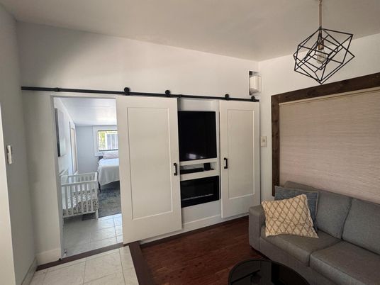 Bedroom, Interior, Pendant Lights, Stainless Steel Appliances, Wood Texture Flooring