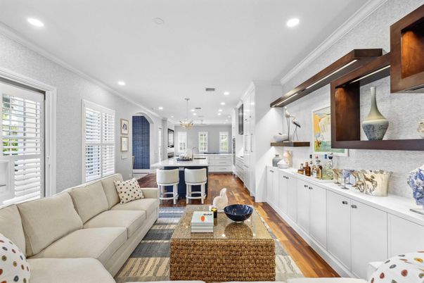 Dining room, Interior, Kitchen, Living room, Recessed Lighting, Wood Texture Flooring