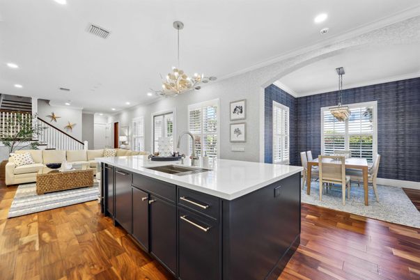 Chandelier, Dining room, Interior, Kitchen, Living room, Pendant Lights, Recessed Lighting, Wood Texture Flooring