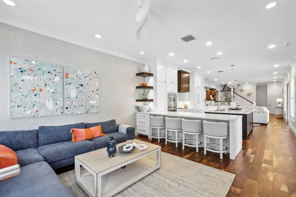 Interior, Kitchen, Living room, Pendant Lights, Recessed Lighting, Wood Texture Flooring