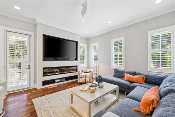 Fireplace, Interior, Living room, Recessed Lighting, Wood Texture Flooring