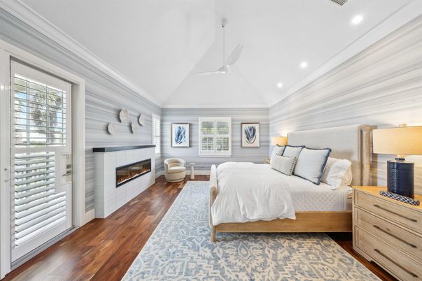 Bedroom, Fireplace, Interior, Recessed Lighting, Wood Texture Flooring