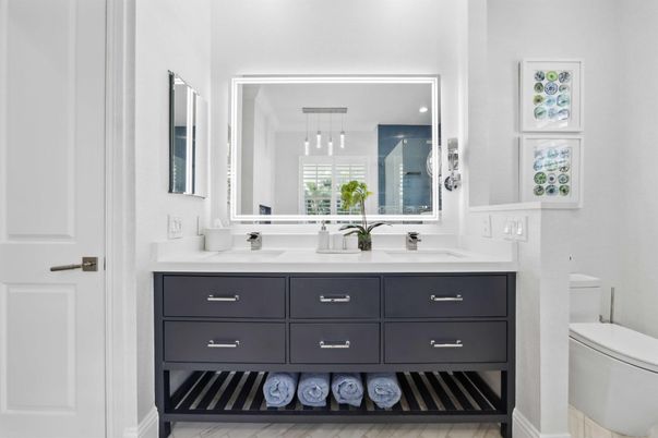 Bathroom, Dual Sink Vanities, Interior, Marble, Pendant Lights
