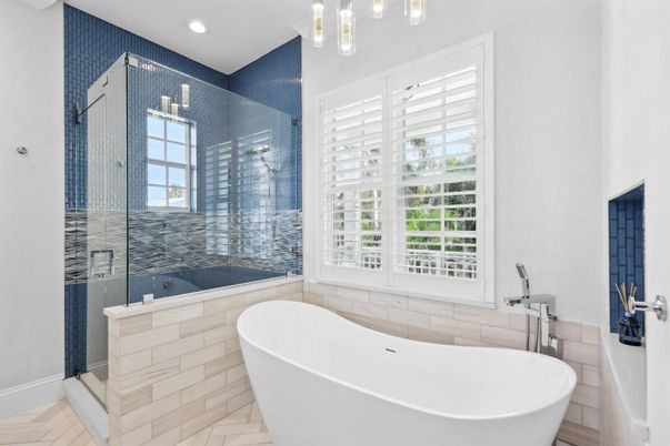 Bathroom, Free Standing Baths, Glass Shower, Interior, Recessed Lighting