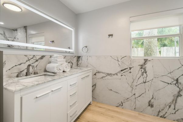 Bathroom, Interior, Marble Walls, Recessed Lighting, Wood Texture Flooring