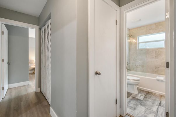 Bathroom, Glass Shower, Interior, Wood Texture Flooring