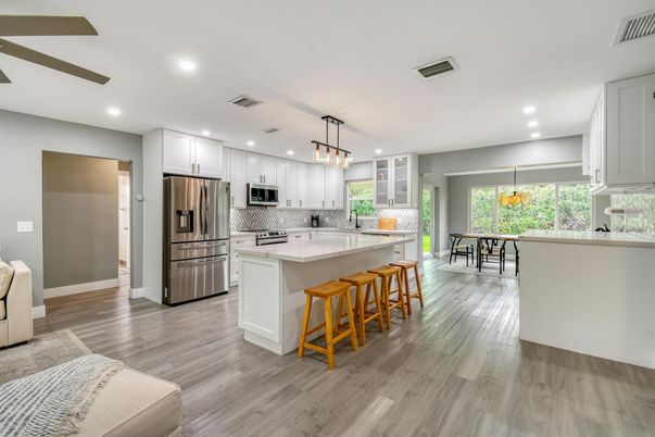 Interior, Kitchen, Pendant Lights, Recessed Lighting, Stainless Steel Appliances, Wood Texture Flooring