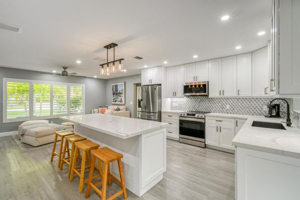 Interior, Kitchen, Pendant Lights, Recessed Lighting, Stainless Steel Appliances, Wood Texture Flooring