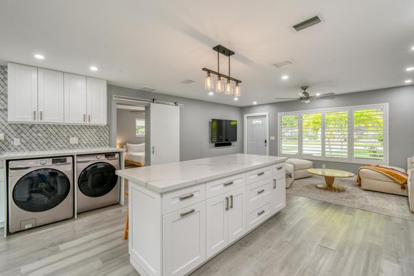 Interior, Kitchen, Pendant Lights, Recessed Lighting, Washer, Wood Texture Flooring