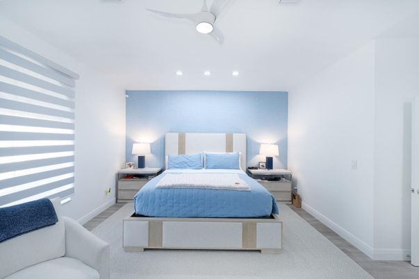 Bedroom, Interior, Recessed Lighting, Wood Texture Flooring
