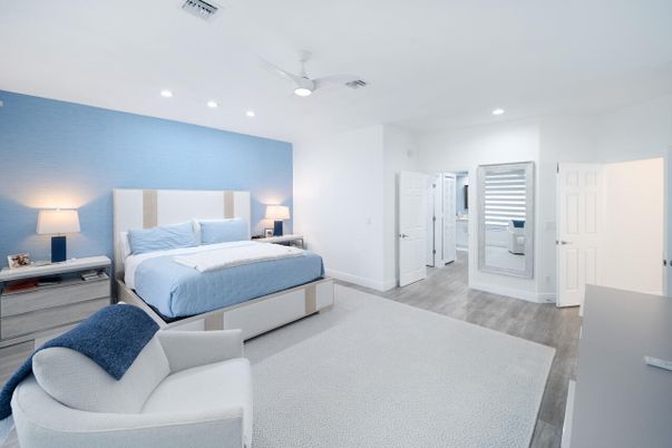 Bedroom, Interior, Recessed Lighting, Wood Texture Flooring