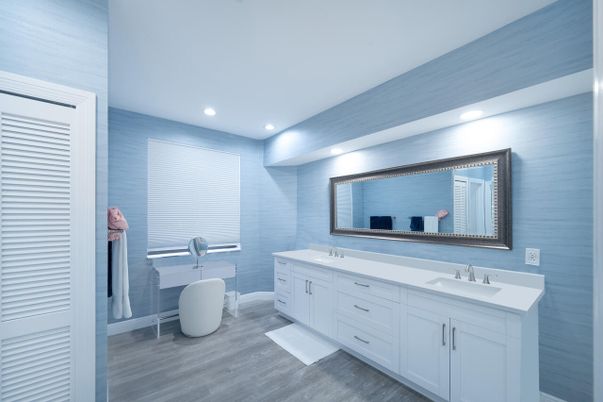 Bathroom, Dual Sink Vanities, Interior, Recessed Lighting, Wood Texture Flooring