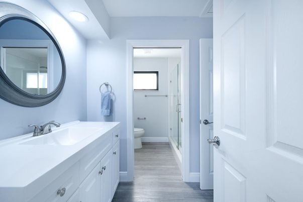Bathroom, Dual Sink Vanities, Interior, Recessed Lighting, Wood Texture Flooring
