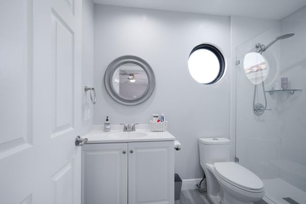 Bathroom, Glass Shower, Interior, Wood Texture Flooring