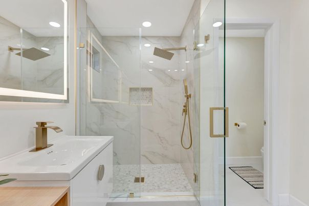 Bathroom, Glass Shower, Interior, Marble Walls, Recessed Lighting