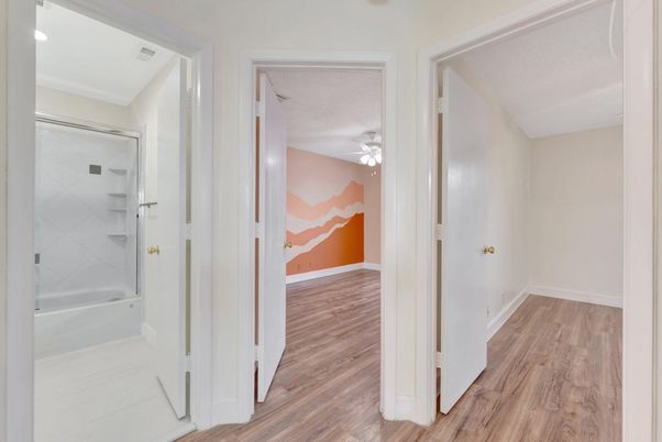 Bathroom, Glass Shower, Interior, Recessed Lighting, Wood Texture Flooring