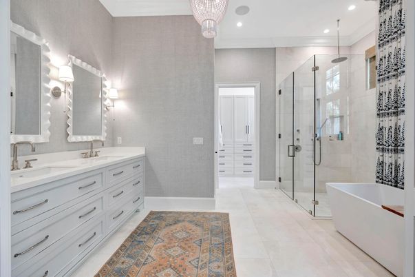Bathroom, Dual Sink Vanities, Free Standing Baths, Glass Shower, Interior, Pendant Lights, Recessed Lighting