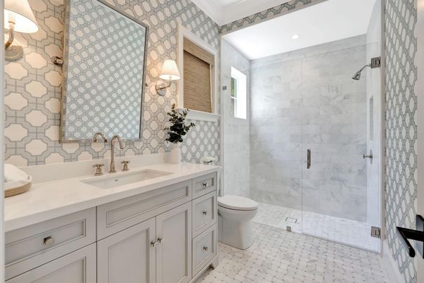 Bathroom, Glass Shower, Interior, Marble Walls, Recessed Lighting