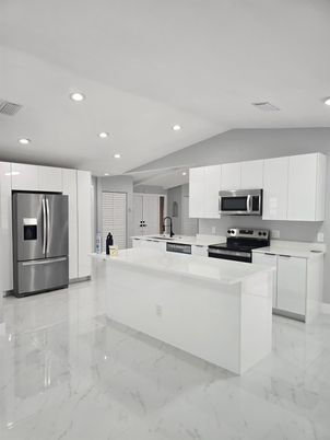 Interior, Kitchen, Marble, Recessed Lighting, Stainless Steel Appliances