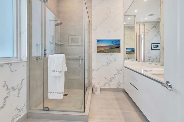 Bathroom, Glass Shower, Interior, Marble Walls, Recessed Lighting