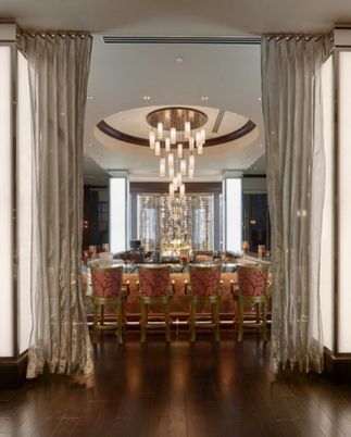 Chandelier, Dining room, Interior, Recessed Lighting, Wood Texture Flooring