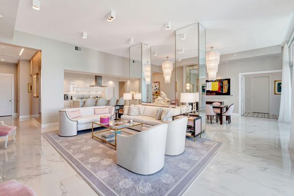 Chandelier, Dining room, Interior, Living room, Marble, Recessed Lighting