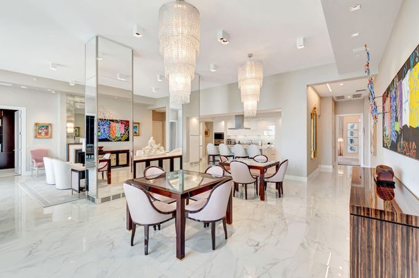 Chandelier, Dining room, Interior, Marble, Recessed Lighting