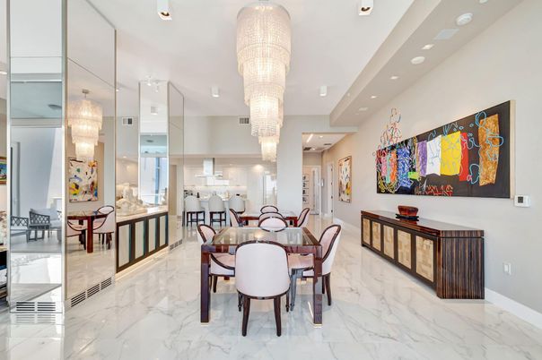 Chandelier, Dining room, Interior, Marble, Recessed Lighting