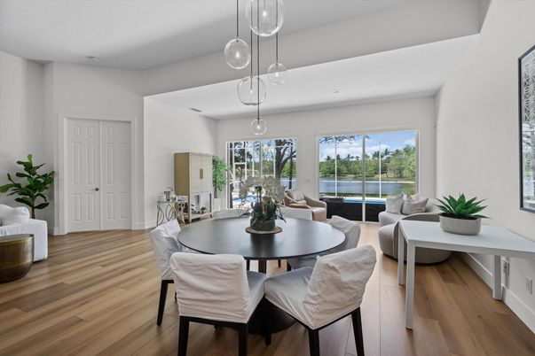 Dining room, Interior, Living room, Pendant Lights, Wood Texture Flooring