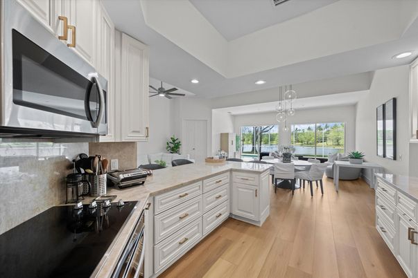 Dining room, Interior, Kitchen, Pendant Lights, Recessed Lighting, Wood Texture Flooring