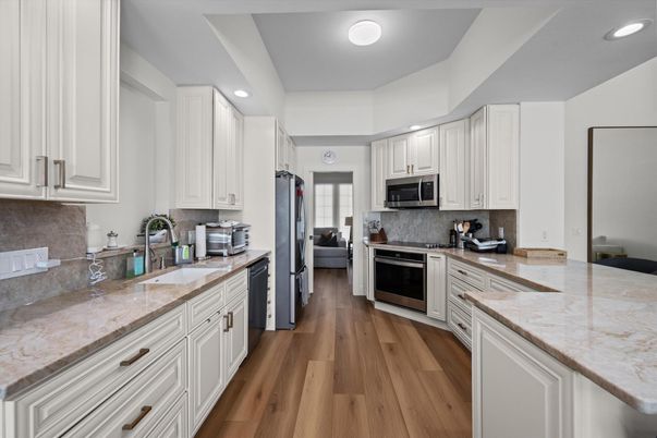 Interior, Kitchen, Recessed Lighting, Stainless Steel Appliances, Wood Texture Flooring