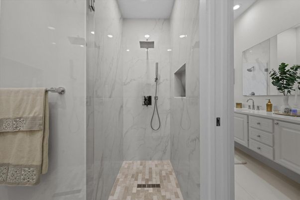 Bathroom, Glass Shower, Interior, Marble Walls, Recessed Lighting