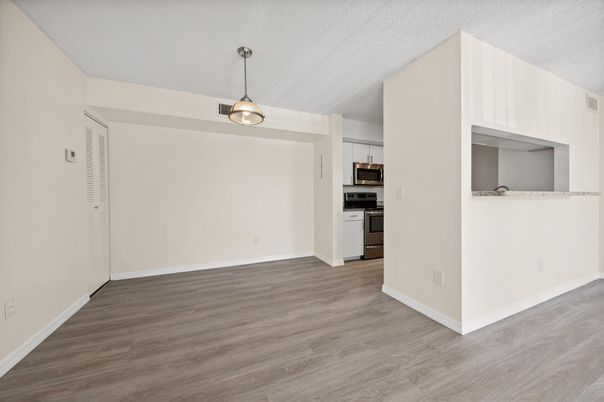 Empty room, Interior, Kitchen, Pendant Lights, Wood Texture Flooring