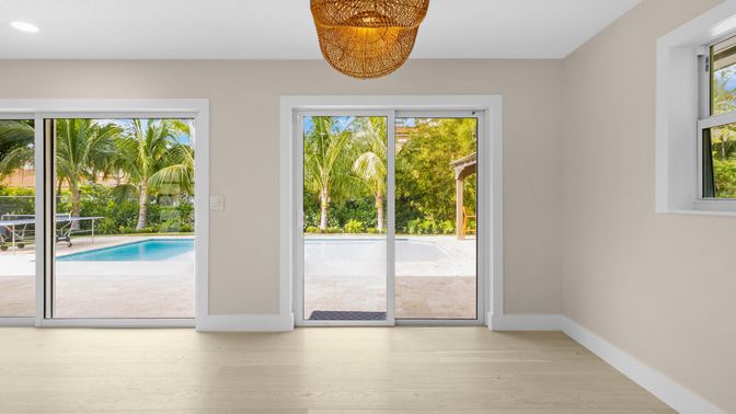 Chandelier, Empty room, Interior, Pool, Recessed Lighting, Wood Texture Flooring