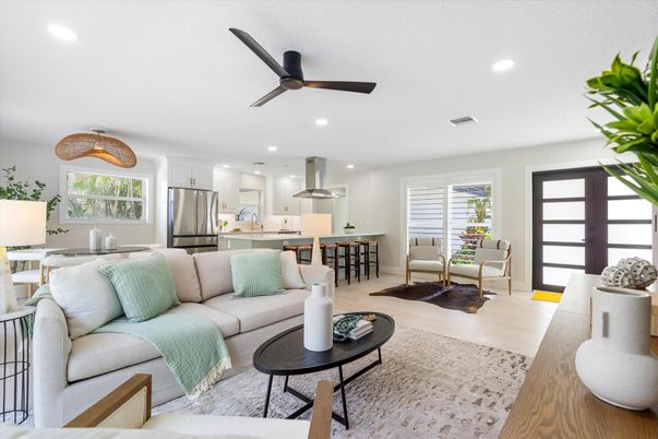 Interior, Kitchen, Living room, Recessed Lighting, Stainless Steel Appliances, Wood Texture Flooring
