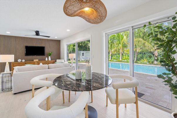 Dining room, Interior, Living room, Recessed Lighting, Wood Texture Flooring