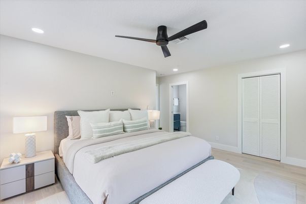 Bedroom, Interior, Recessed Lighting, Wood Texture Flooring