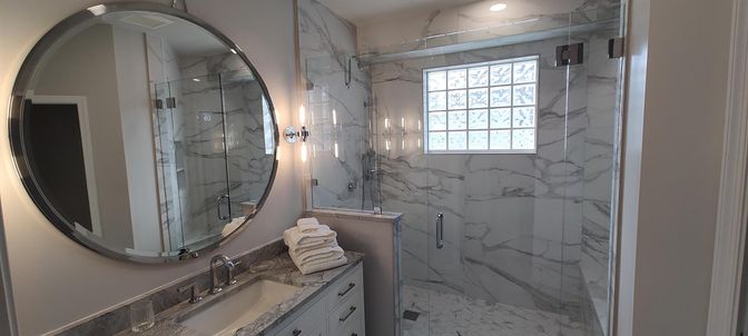 Bathroom, Glass Shower, Interior, Marble Walls, Recessed Lighting