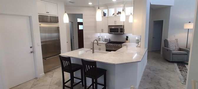 Interior, Kitchen, Marble, Pendant Lights, Recessed Lighting, Stainless Steel Appliances