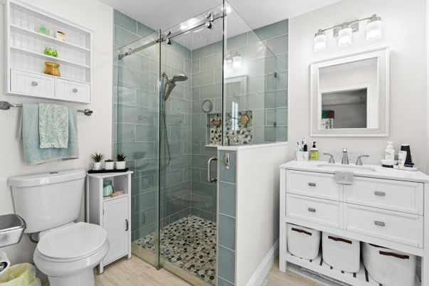 Bathroom, Glass Shower, Interior, Wood Texture Flooring
