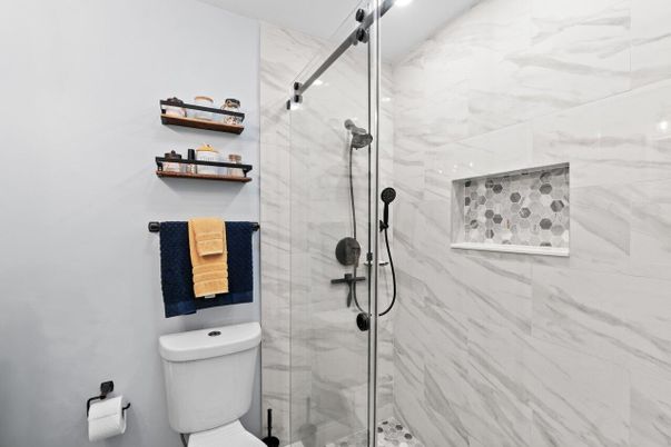 Bathroom, Glass Shower, Interior, Marble Walls, Recessed Lighting