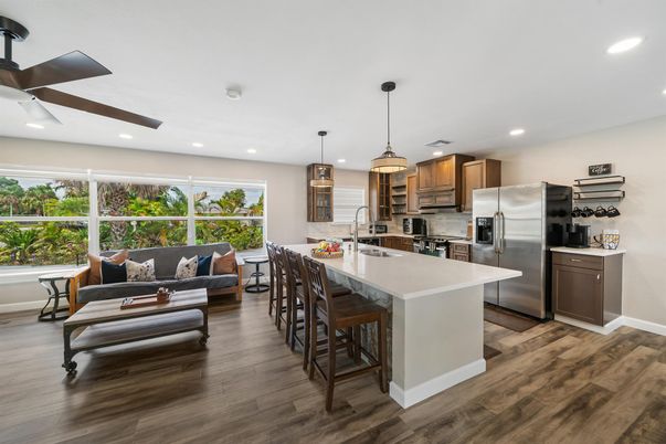 Interior, Kitchen, Living room, Pendant Lights, Recessed Lighting, Stainless Steel Appliances, Wood Texture Flooring