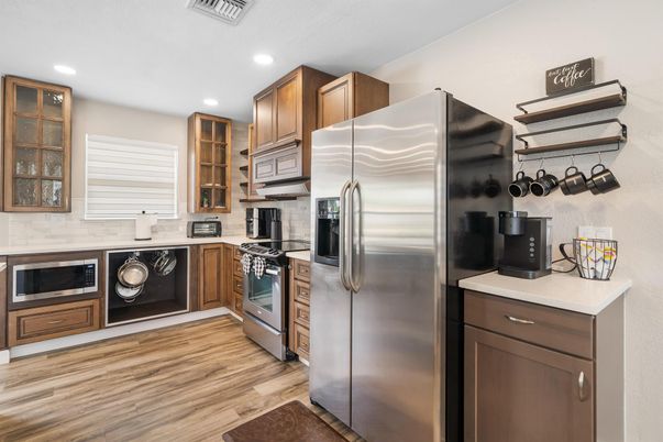 Interior, Kitchen, Recessed Lighting, Stainless Steel Appliances, Wood Texture Flooring